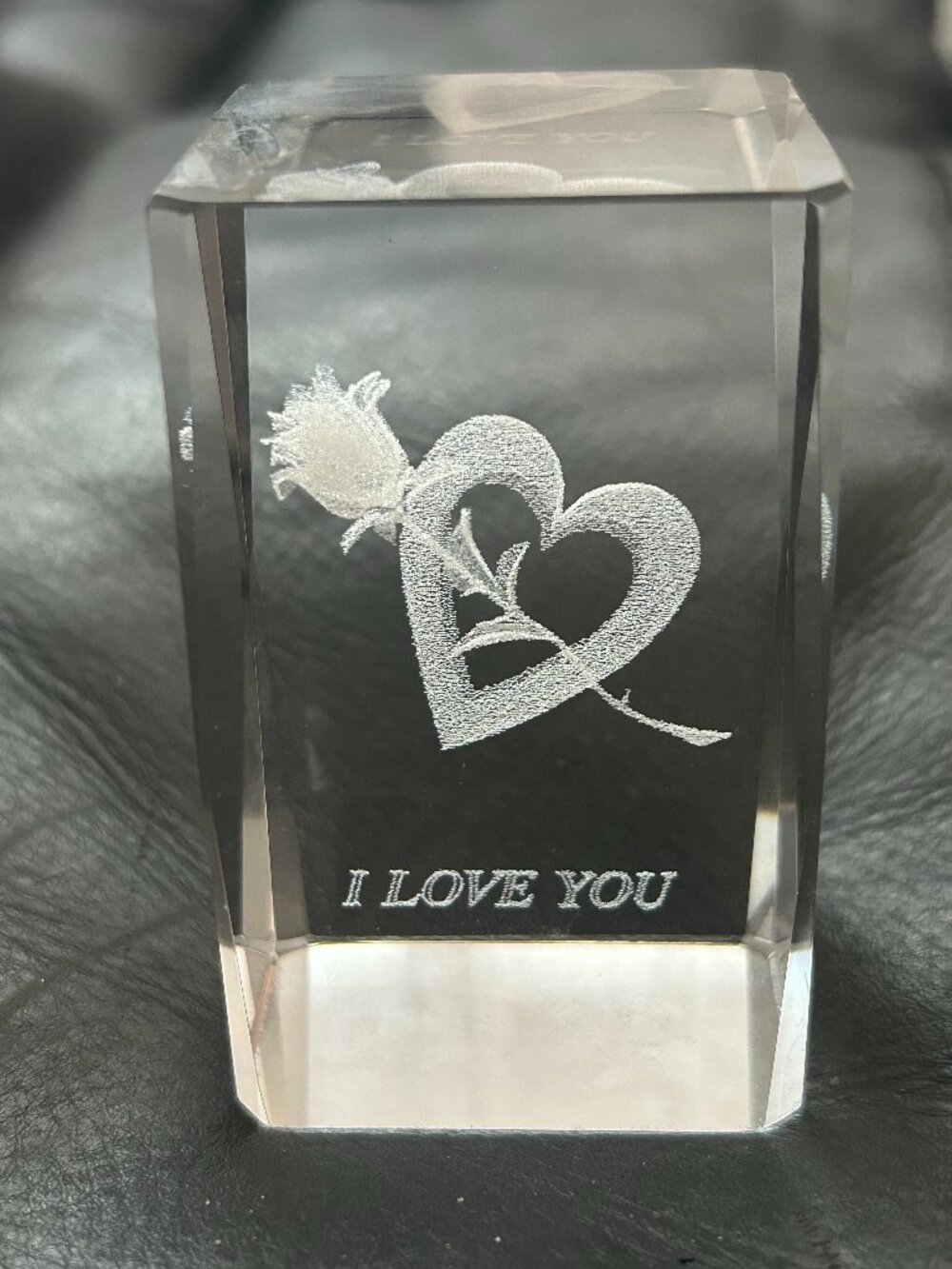LASER ETCHED VINTAGE CRYSTAL PAPER WEIGHT "I Love You"